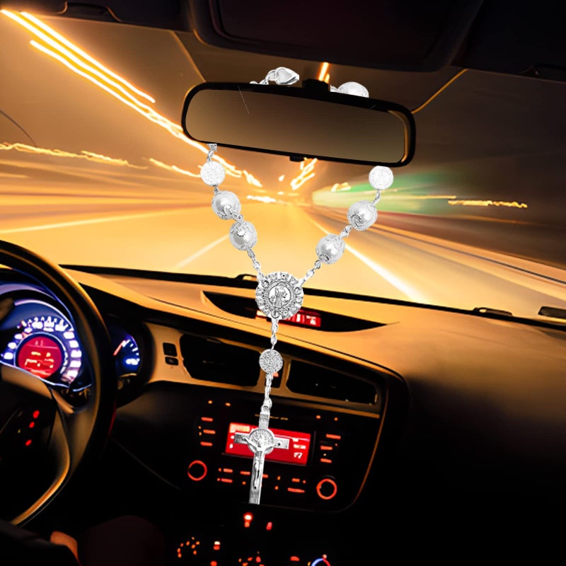 TEMI 2 Pieces Car Mirror Hanging Accessories Car Rosary with Cross Blessing Rosary  Beads Catholic for Woman Men Personalized Rearview Mirror Auto Rosary Hanging Accessories Interior Decors (White) - Image 4
